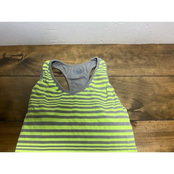 Athleta Top Womens Medium Yellow Neon Stripe Racerback Tank Built-In Bra - Picture 2 of 9